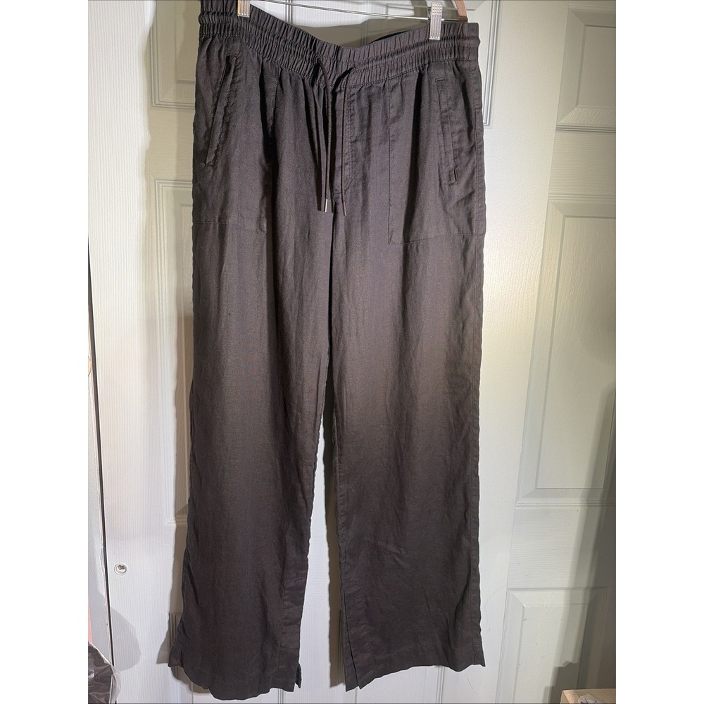 Athleta Cabo Black Linen Wide Leg Drawstring Pants L Tall Casual Travel Slit Hem